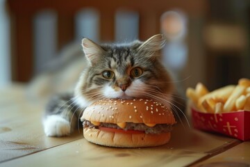 Cute cat with its face resting on a tasty hamburger on a wooden table, with fries in the background