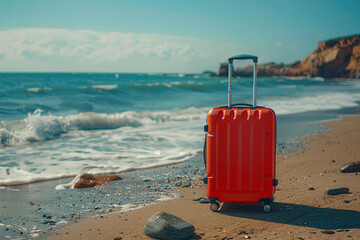 A red suitcase at the beach, vacation plans concept, copy space