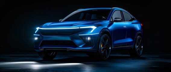 Black background, blue SUV vehicle with headlights on A dynamic angle showcasing the front of an elegant and sporty automobile in a studio setting Generative AI