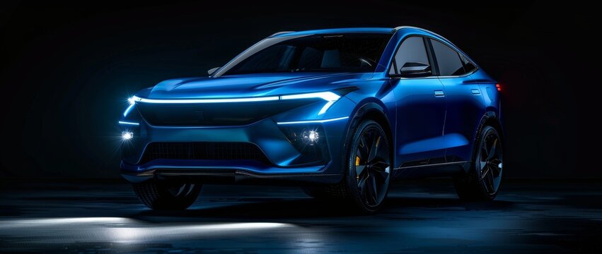 Black background, blue SUV vehicle with headlights on A dynamic angle showcasing the front of an elegant and sporty automobile in a studio setting Generative AI