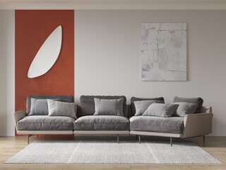 Mock up of a spacious living room with a stylish comfortable sofa and a trendy decorative background, 3D rendering.