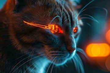 Futuristic digital art of a cat with glowing cyber eyes in neon ambiance