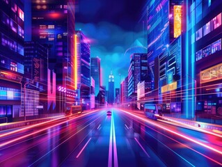Neon Soaked Cityscape Ablaze with Futuristic Holograms and Minimalist Splendor