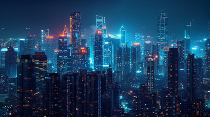 Night cityscape with glowing skyscrapers for futuristic or technology themed designs