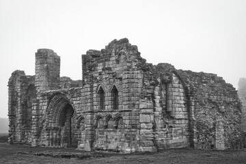 Ancient Stone Ruin in Fog in Tynemouth Priory and Castle