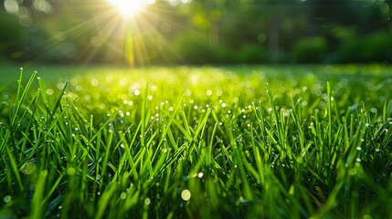Fototapeta premium lawn watering system. green lawn with water drops
