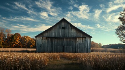Rustic old barn surrounded by grassland and forest landscape.