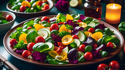 Bowl of vegan salad. Elevate your plate with a colorful concoction of leafy greens, ripe tomatoes, and an assortment of veggies—a salad fit for veggie enthusiasts!