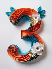 Elegant Quilled Number 3 Adorned with Orange and Blue Paper Flowers Paper Art .