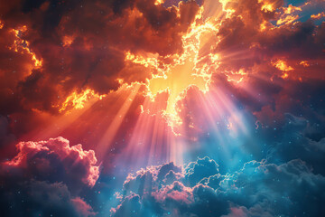 Artistic image of a lens splitting light into vibrant hues that spread out into abstract, cloud-like forms,