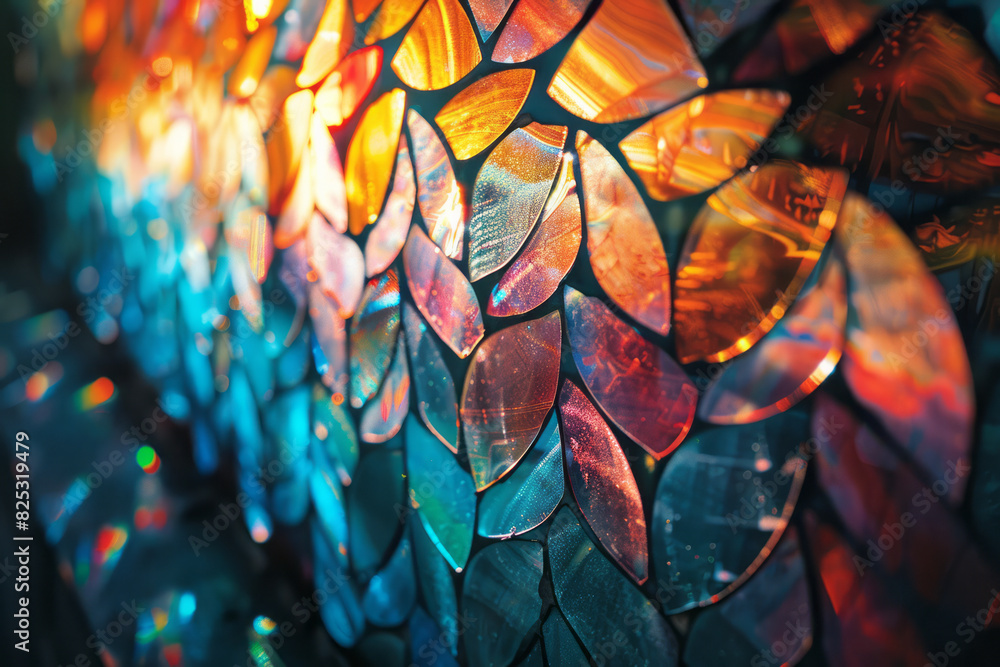 Poster abstract illustration of a lens dispersing light into a spectrum that forms a complex mosaic of shap
