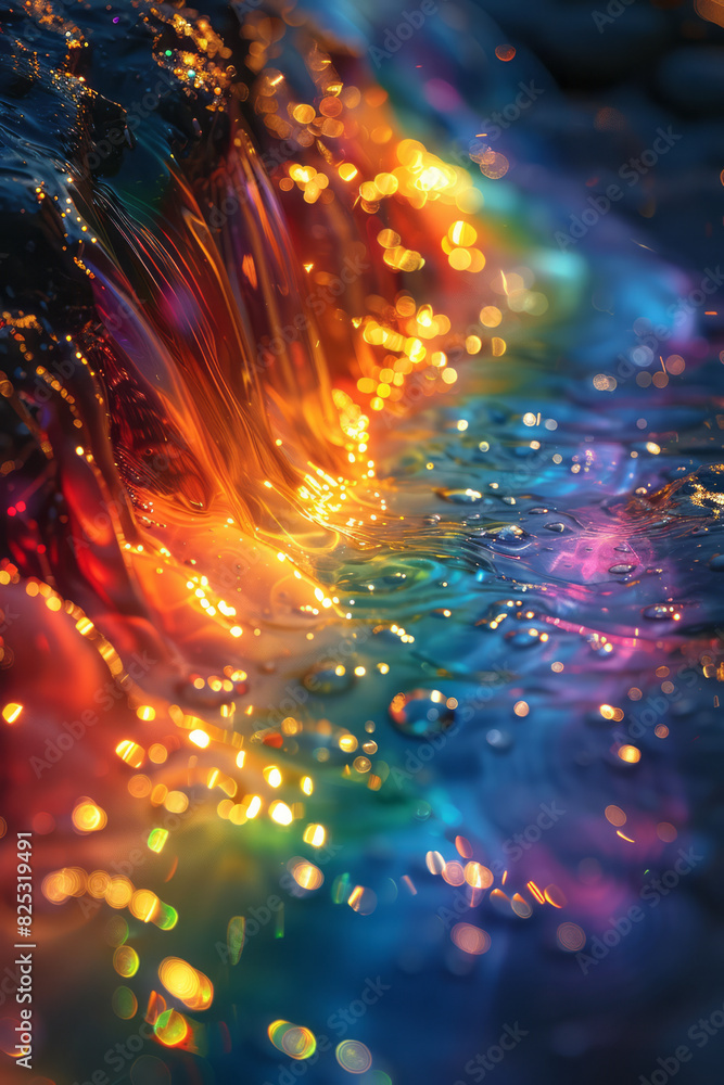 Poster scene of a lens emitting waves of rainbow light that flow like water, creating a cascading effect,