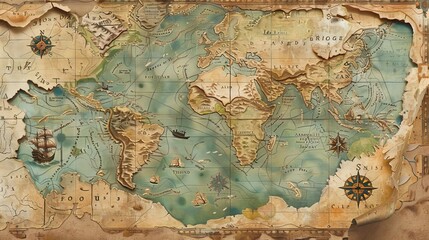 Old vintage nautical map with compass for a travel or adventure themed design