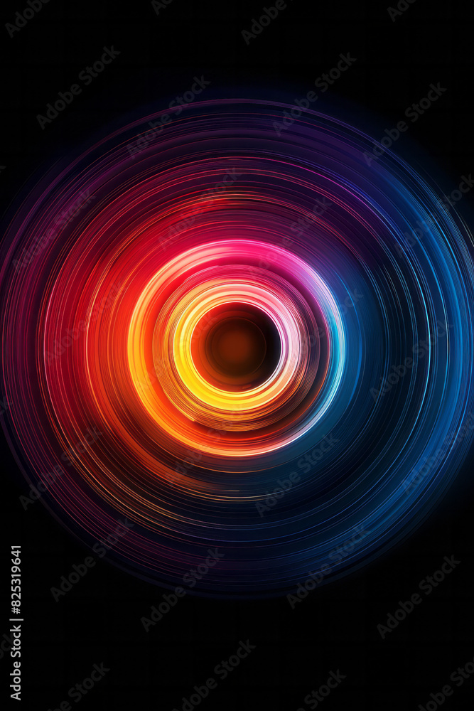 Poster illustration of a lens creating a spectrum that morphs into a series of concentric rings, each ring 