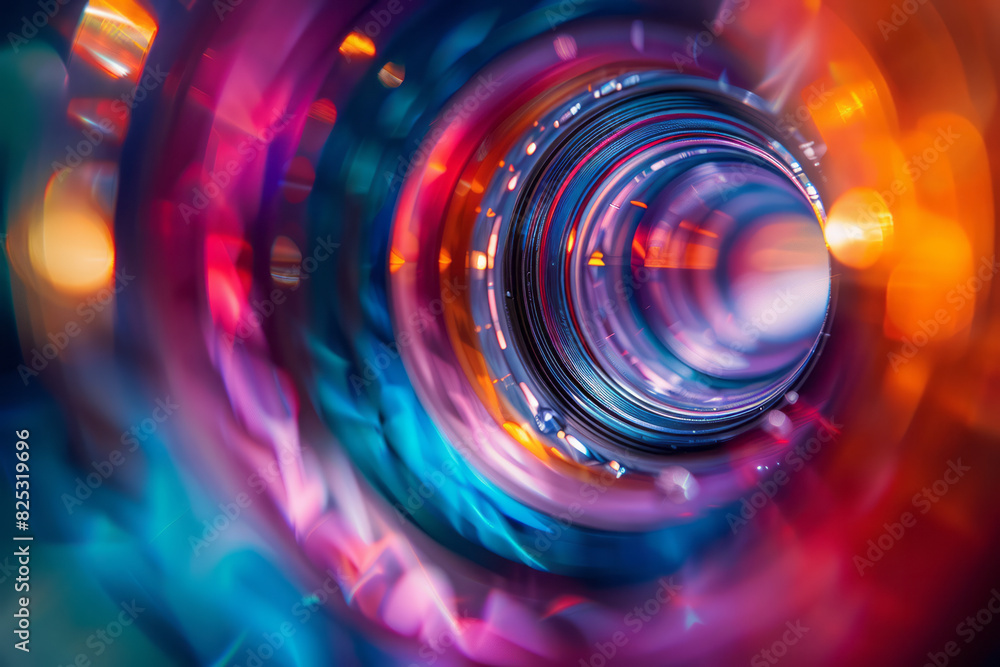 Aufkleber illustration of a lens creating a rainbow that transforms into a series of layered, abstract forms,