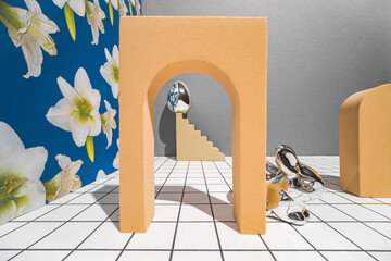 Still life with Easter bunny, lily and egg and geometric shapes