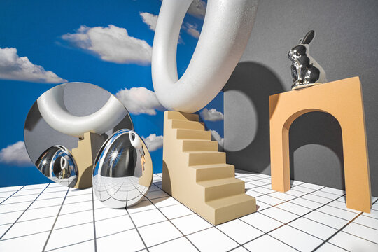 Conceptual surreal still life with Easter bunny and mirror egg