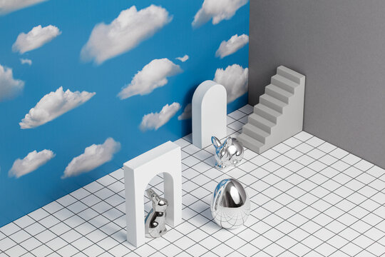 still life with Easter symbols in 3D style with a rabbit and an egg