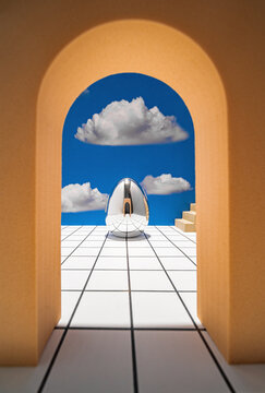 Surreal still life with a mirrored egg and a cloud in 3d style