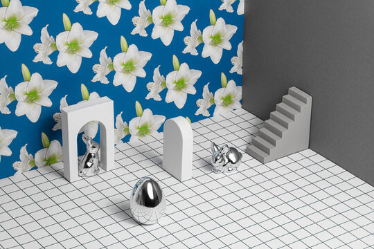 3d still life with Easter symbols rabbit, lily and mirror egg