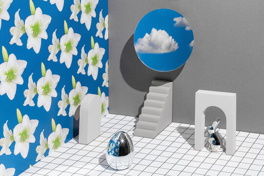Conceptual still life with Easter bunny, lily and egg