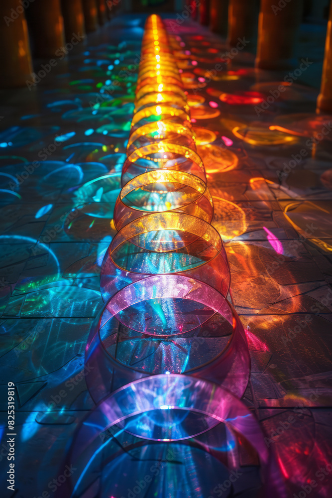 Poster scene of a lens emitting beams of colored light that spread out into a pattern of interlocking circl