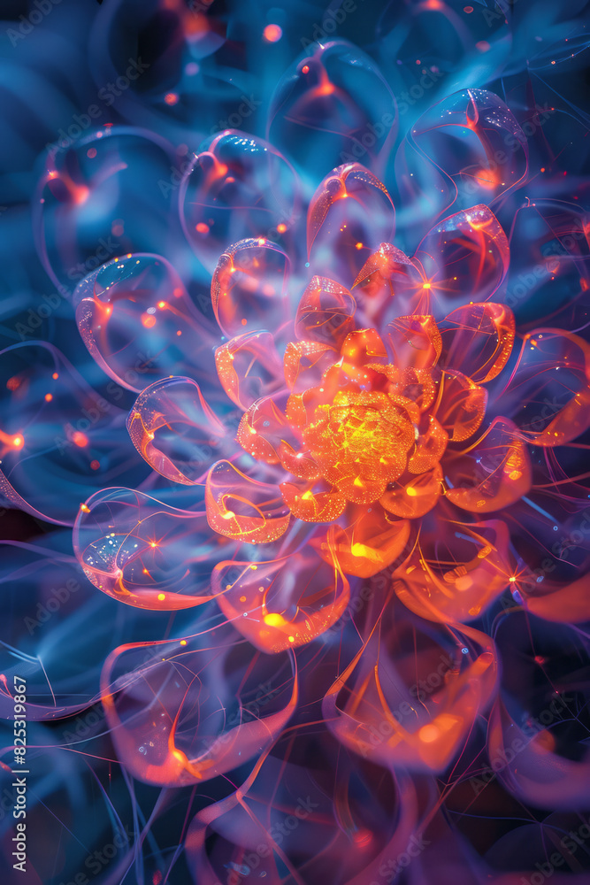 Poster abstract image of a lens dispersing light into a spectrum that flows into a complex, shifting mandal