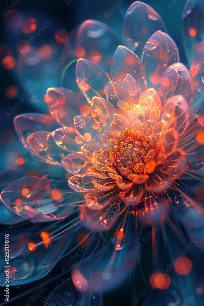 Poster abstract image of a lens dispersing light into a spectrum that flows into a complex, shifting mandal