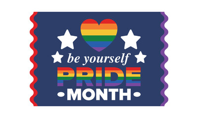 LGBT Pride Month in June. Lesbian Gay Bisexual Transgender. Celebrated annual. LGBT flag. Rainbow love concept. Human rights and tolerance. Poster, card, banner and background. Vector illustration