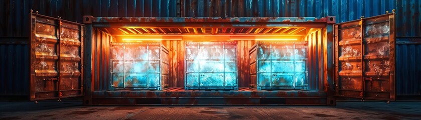 A rusty shipping container filled with untouched, glowing contracts, surreal, vibrant colors, highresolution