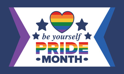 LGBT Pride Month in June. Lesbian Gay Bisexual Transgender. Celebrated annual. LGBT flag. Rainbow love concept. Human rights and tolerance. Poster, card, banner and background. Vector illustration