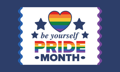 LGBT Pride Month in June. Lesbian Gay Bisexual Transgender. Celebrated annual. LGBT flag. Rainbow love concept. Human rights and tolerance. Poster, card, banner and background. Vector illustration