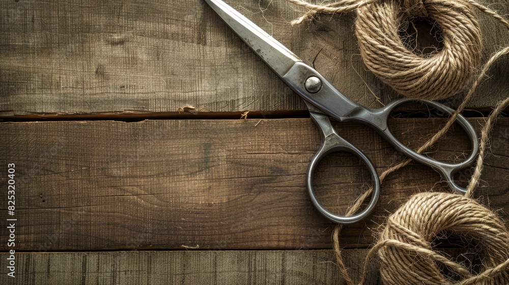 Poster vintage scissors set on a wooden surface with twine and convoy overhead perspective with space for t