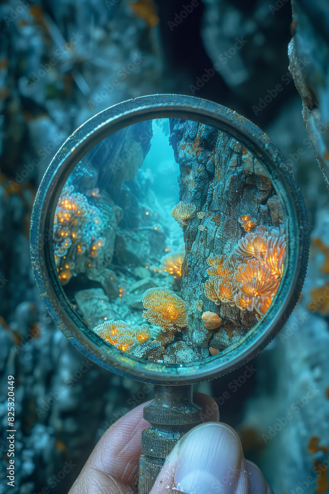 Poster abstract image of a lens uncovering a subterranean world with glowing mushrooms and bioluminescent f