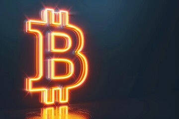 3D Bitcoin symbol glowing edges black background clear area for text hightech style