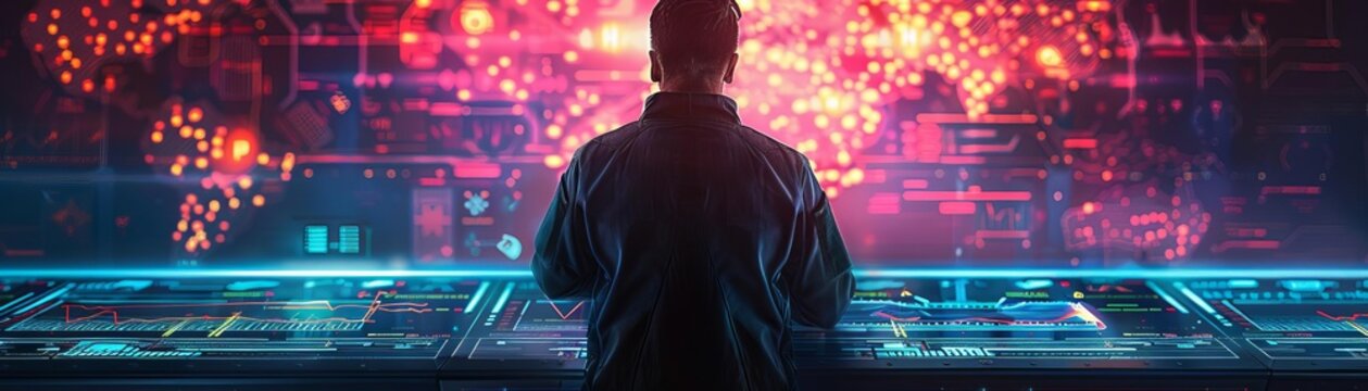 A military strategist plotting on a holographic battlefield table, Futuristic, Digital art, Sharp and vibrant hues
