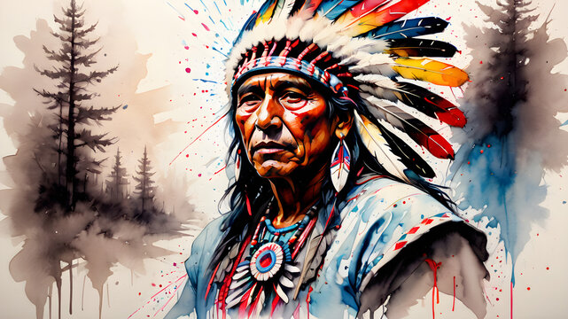 Portrait of a chief. With dignity, the native chief bears the weight of ancestral tradition&mdash;a timeless portrait of tribal heritage.