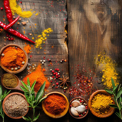 Colorful spices on wooden desk 