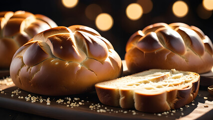 Bread on a wooden board. Healthy and homemade, this bread is perfect for breakfast, highlighting the bakery's mastery in creating baked food from wheat.