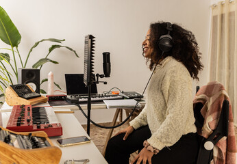 Woman sings into microphone