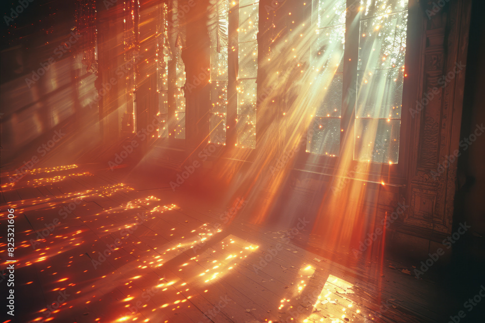 Poster scene of a lens projecting rays of light that transform into kinetic sculptures, moving and changing