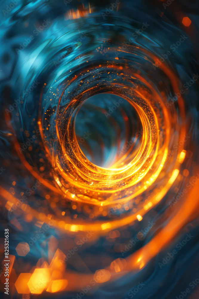 Poster abstract image of a lens generating a vortex of light and shapes, simulating a whirlwind of kinetic 