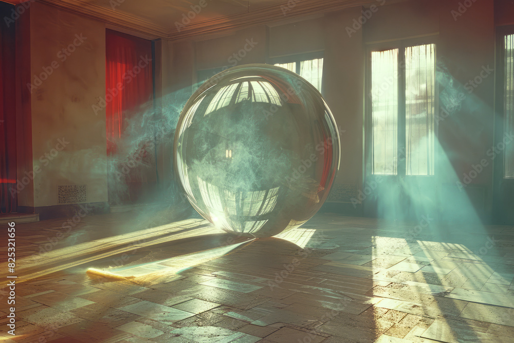 Poster scene of a lens projecting rays of light that transform into kinetic sculptures, moving and changing