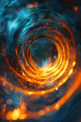 Abstract image of a lens generating a vortex of light and shapes, simulating a whirlwind of kinetic force,