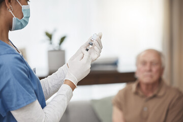 Nurse, syringe and mask in living room for care, vaccination or flu shot in retirement home....