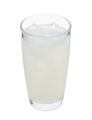Glass of coconut water with ice cubes isolated on white