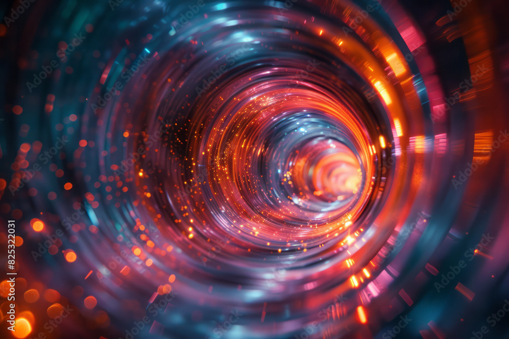 Poster abstract image of a lens emitting rays of light that form dynamic, rotating spirals and helixes,