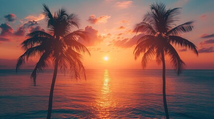 tropical sunset, as the sun sets, palm trees create silhouettes against the orange sky, concluding another idyllic day in paradise