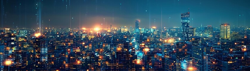 Stunning city skyline at night with vibrant lights, tall buildings, and a serene atmosphere, showcasing urban beauty and architectural marvels.