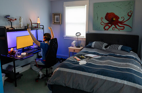 Young Boy Portrait Gamer on Computer at home bedroom arms raised 